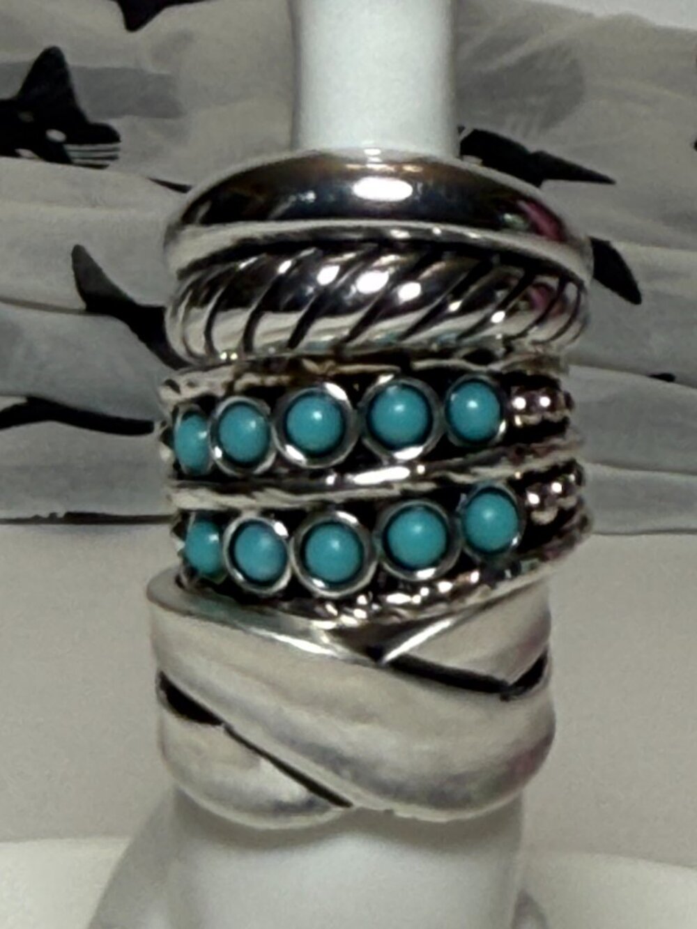 3 Size 7 Rings Silver Toned Turquoise Brushed Matte Stacked